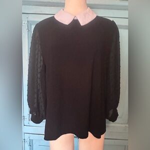 CeCe Black and White  3/4 Sleeve Blouse with Peter Pan Collar